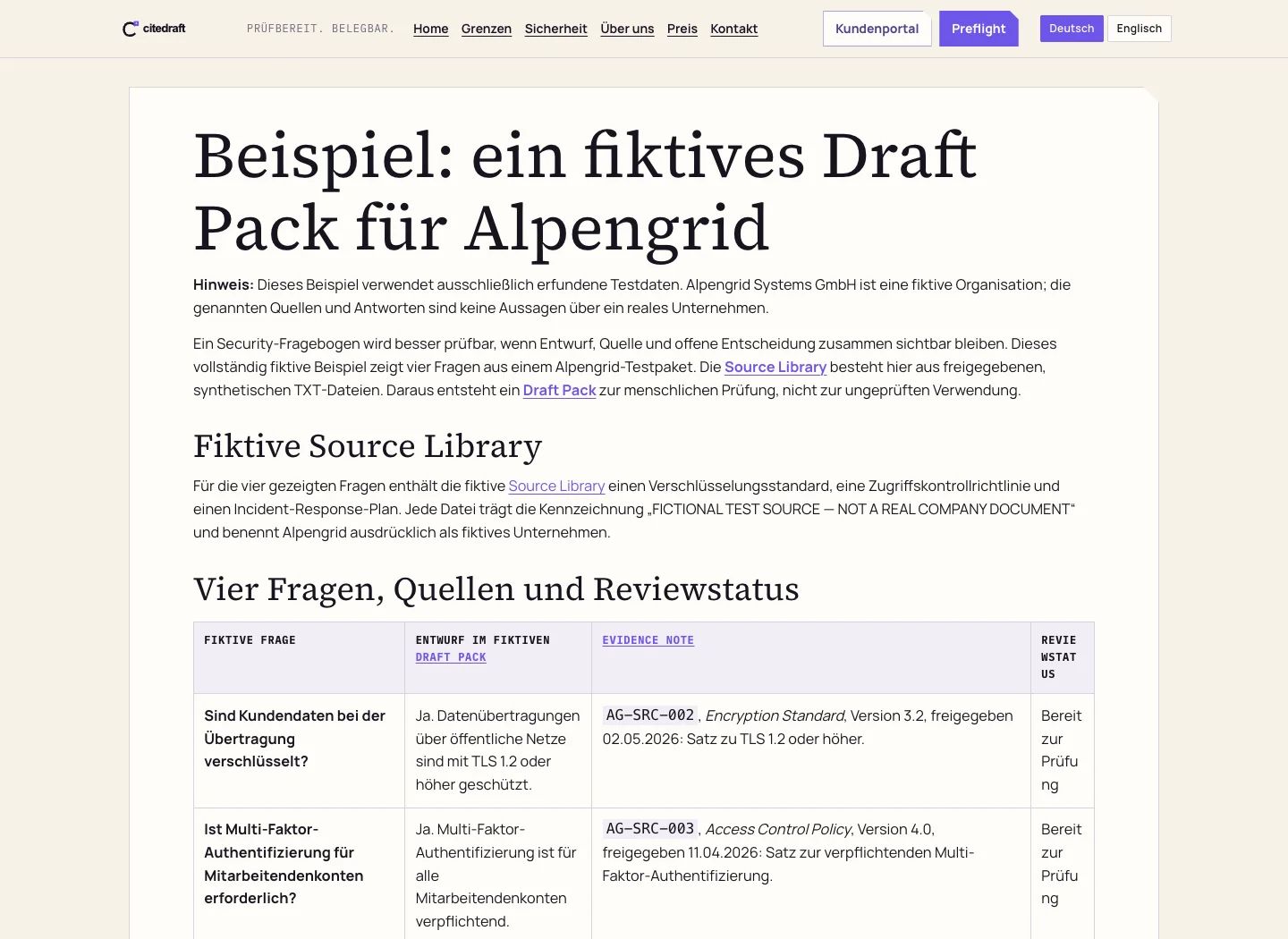 Citedraft-Beispiel: Antwortentwürfe mit Belegen und offenen Punkten zur Prüfung